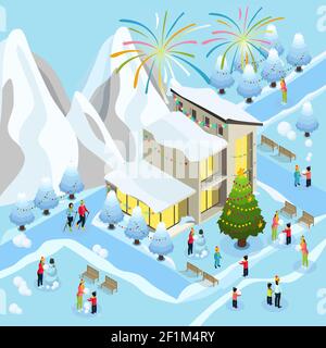Isometrische Weihnachtsfeier Konzept mit Feuerwerk Wintersport Familie Kinder Herstellung Schneemann in der Nähe dekorierten Baum und Haus Vektor Illustration Stock Vektor