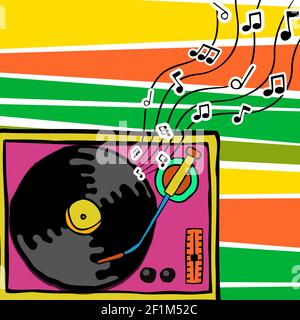Bunte Retro Plattenspieler Vinyl Illustration in 80s Comic handgezeichneten Stil. Vintage-Musik-Player mit Noten Hintergrund. Stock Vektor