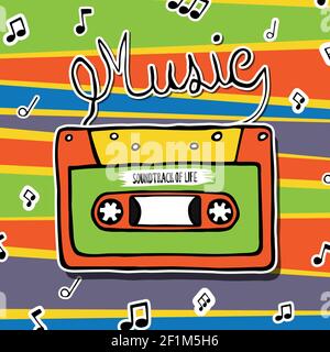 Bunte Retro-Kassette Band, Soundtrack des Lebens Text Zitat Illustration für Musik-Konzept. Vintage Audio-Ausrüstung handgezeichnete Karikatur mit Ton Note Stock Vektor