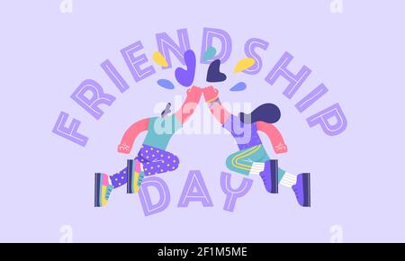 Happy Friendship Tag Grußkarte Illustration von jungen Mann und Frau Freunde tun Faust Beule Hand Geste zusammen. Besondere beste Freundschaftsbeziehung Stock Vektor