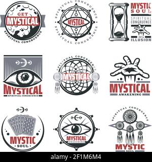 Vintage mystische spirituelle Embleme mit Inschriften Mond Sandglas Mystic gesetzt Symbole Schmuck dritte Auge Tarot-Karten isoliert Vektor-Illustration Stock Vektor