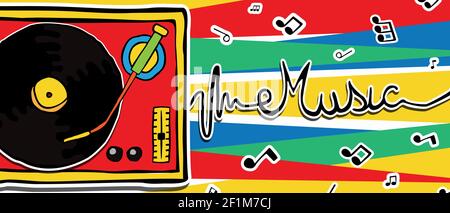 Bunte Retro Plattenspieler Vinyl Banner Illustration in 80s Comic handgezeichnete Stil. Vintage-Musik-Player mit Noten Hintergrund. Stock Vektor