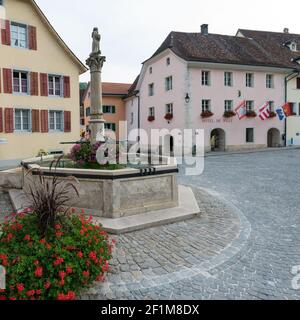 Blick auf den Marktplatz mit dem Rathaus und Brunnen im historischen Dorf Saint-Ursanne Stockfoto