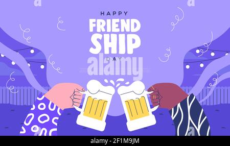 Happy Friendship Day Web-Vorlage Illustration der besten Freunde trinken Bierglas. Freund Toast Cartoon-Design für Beziehung Urlaub Feier. Stock Vektor