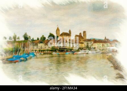 Stadtbild von Rapperswil am Zürichsee in der Schweiz als digitale Kunst Ölgemälde. Stockfoto