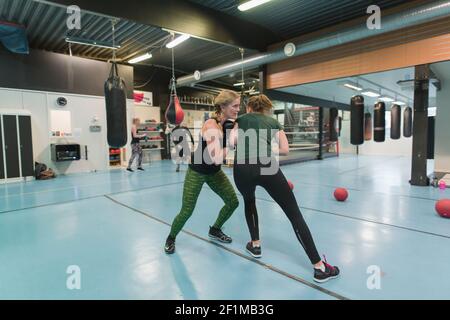 Boxerinnen trainieren gemeinsam in der Boxhalle Stockfoto