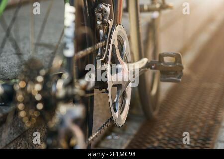 Detaillierte Ansicht von Fahrradmechaniken. Ritzel, Pedal und Kette auf einem Mountainbike. Selektiver Fokus Stockfoto