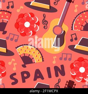 Spanische Kultur nahtlose Musterillustration. Spanien Reise Hintergrund Design mit Gitarre, Flamenco-Musik, Rose Blume, und mehr. Stock Vektor