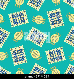 Beach Bliss Typografie mit Platzhalter für Business-Logo. Vektor nahtlose Muster Hintergrund.Aqua blau und gelb Backgdrop mit Text auf Stempelformen Stock Vektor