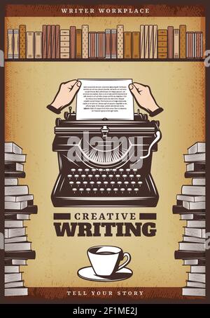Vintage farbige Schriftsteller Poster mit Händen Papier in Schreibmaschine einlegen Kaffeetasse Bücher und Bücherregal Vektor Illustration Stock Vektor