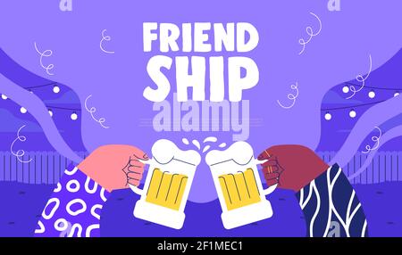 Happy Friendship Day Web-Vorlage Illustration der besten Freunde trinken Bierglas. Freund Toast Cartoon-Design für Beziehung Urlaub Feier. Stock Vektor