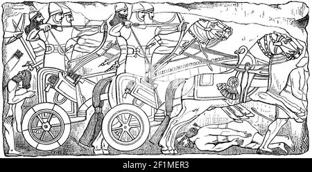 Assyrische Krieger mit Kampfwagen, Assyrien, Assyrisches Reich, um 800 v. Chr., Illustration von 1890 / Assyrische Krieger mit Kampfwagen, Assyrrien, Assyrisches Reich, um 800 v. Chr., Illustration aus 1890, Historisch, historisch, digital verbesserte Reproduktion eines Originals aus dem 19th. Jahrhundert / digitale Produktion einer Originalvorlage aus dem 19. Jahrhundert, Stockfoto