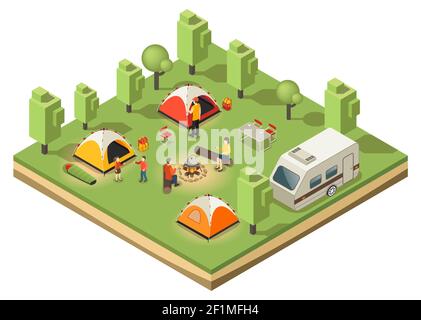 Isometrisches Wandercamping-Konzept mit entspannenden Familienzelten Essen kochen Trailer Rucksäcke in Wald isoliert Vektor-Illustration Stock Vektor