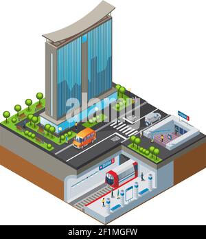 Isometrisches buntes Stadtbild-Konzept mit Bürogebäude U-Bahn-Station Bäumen Autos und Menschen isoliert Vektor-Illustration Stock Vektor