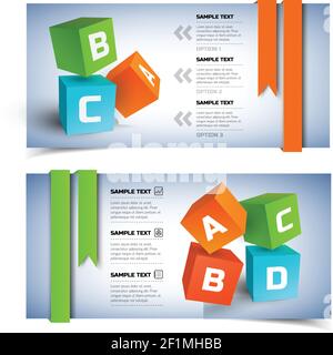 Geometrische Infografik horizontale Banner mit bunten 3D Würfel Text-Symbole Optionen und Farbbänder isolierte Vektordarstellung Stock Vektor