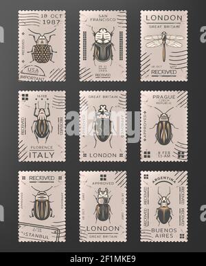 Vintage farbige Insekten Briefmarken Set mit Libelle verschiedene Arten von Bugs und Käfer isoliert Vektor-Illustration Stock Vektor