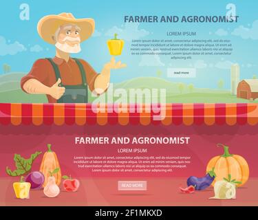 Bunte Landwirtschaft horizontale Banner mit Agronom auf Bauernhof Landschaft frisch Gemüse und Bio-Früchte Vektor-Illustration Stock Vektor