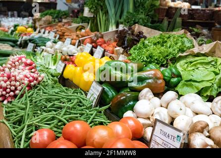 Marktstand mit vielen verschiedenen Gemüse und Etiketten mit Namen Und Preise in Französisch Stockfoto