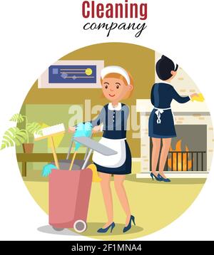 Buntes Reinigungsservice-Konzept mit Dienstmädchen Haushaltsgeräte und Werkzeuge Im Wohnzimmer Vektor-Illustration Stock Vektor
