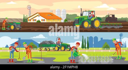 Landwirtschaft und Landwirtschaft horizontale Banner mit Landwirten landwirtschaftlichen Arbeiten Fahrzeuge Und Gerätevektordarstellung Stock Vektor