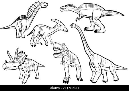 Dinosaurier-Set. Skizze verschiedener prähistorischer Dinosaurier. Freihand Zeichnung, Jurassic Tiere.Vektor. Stock Vektor