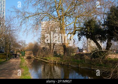 Der New River im Frühling in Woodberry Down, am Rande des Woodberry Wetlands Naturreservats, Hackney, North East London, Großbritannien Stockfoto