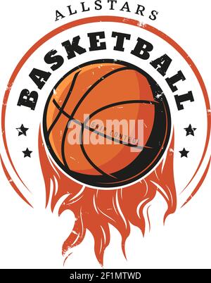 Farbige Vintage Basketball Logo-Vorlage mit Aufschrift und flammendem Ball In handgezeichneter Form isolierte Vektordarstellung Stock Vektor