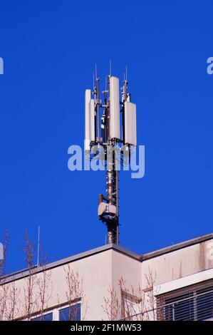 Handy-Masten auf einem Hausdach in Frankfurt. Stockfoto