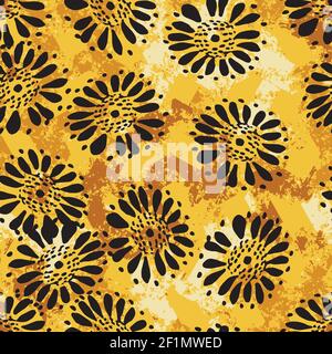 Schwarze Blumen nahtlose Vektor-Muster auf gelb Stock Vektor