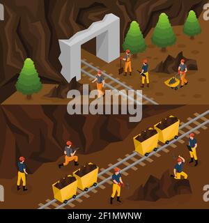 Isometrische Kohleförderung Industrie horizontale Banner mit Bergleute arbeiten in Mine und in der Nähe Eingang in Tunnel Vektorgrafik Stock Vektor