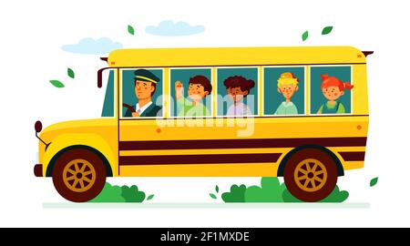 Kinder auf dem Schulbus - bunte flache Design-Stil Illustration mit Comic-Figuren. Bildung und Lernen. Fröhliche Kinder, Jungen und Mädchen, f Stock Vektor