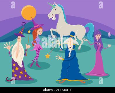 Cartoon Illustrationen von Zauberern und Hexen mit Einhorn Fantasy-Figuren Gruppe Stock Vektor