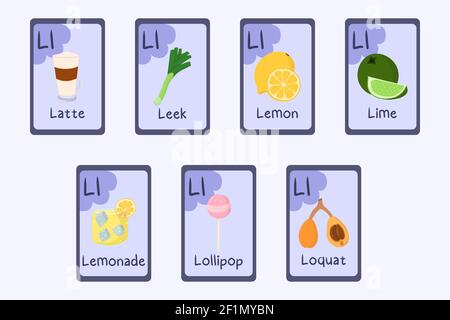 Bunte Alphabet Flashcard Buchstabe L - Latte, Loquat, Lauch, Zitrone, Limette, Limonade, Lutscher. Essen Themenkarten für den Unterricht Lesen mit Lebensmitteln, Gemüse, Obst und Nüssen. Serie von ABC. Stock Vektor