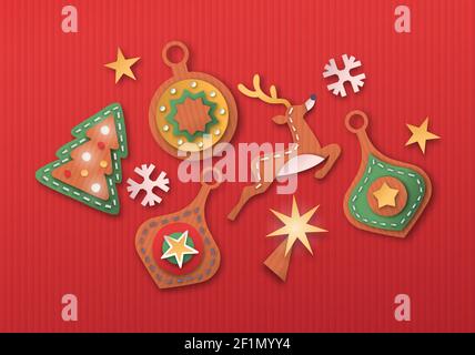 Papercut weihnachten Dekoration Ikonen in realistischen 3D Papier Handwerk Kunst Stil gesetzt. Weihnachtszeit Ornament Kugel, Rentier und Winter Schneeflocke auf isola Stock Vektor