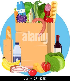 Papiereinkauftasche voller Lebensmittelprodukte. Stock Vektor