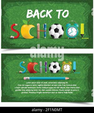 Zwei grüne isolierte und horizontale Rücken zur Schule Bannerset Mit Wort Schule wird mit Gegenständen Vektor-Illustration gemacht Stock Vektor