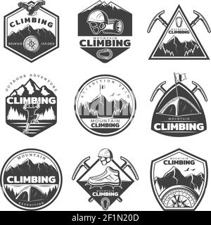 Vintage monochrome Bergkletterlabel Set mit Profi-Ausrüstung für Kletterer Werkzeuge und Natur Landschaft isoliert Vektor Illustration Stock Vektor