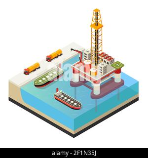 Isometrisches Wasseröl Plattformkonzept mit LKW und Schiffen für Mineralöltransport isolierte Vektordarstellung Stock Vektor