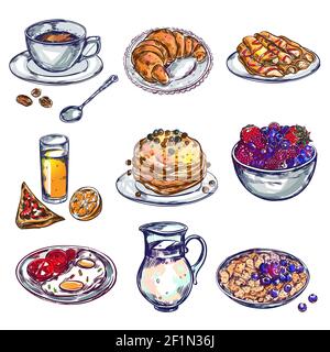 Essen Frühstück Icon Set isoliert und farbig mit Bäckerei Desserts Vektor-Illustration für Mahlzeiten und Getränke Stock Vektor