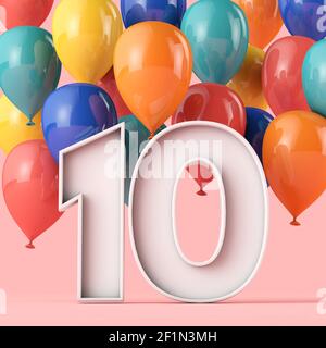 Happy 10th Geburtstag Hintergrund mit bunten Ballons. 3D Rendering Stockfoto