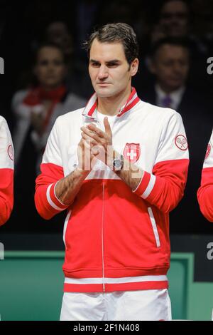 Roger Federer (SUI) während des Tennis Davis Cup 2014, World Group Final, Frankreich gegen die Schweiz, Tag 3, am 23. November, 2014 im Stade Pierre Mauroy, in Lille, Frankreich. Foto Stephane Allaman / DPPI Stockfoto