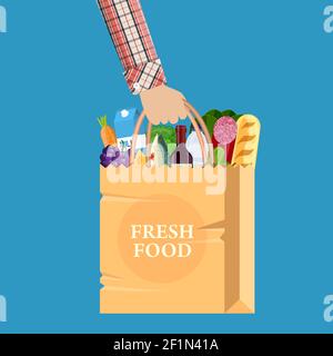 Papiereinkauftasche voller Lebensmittelprodukte Stock Vektor