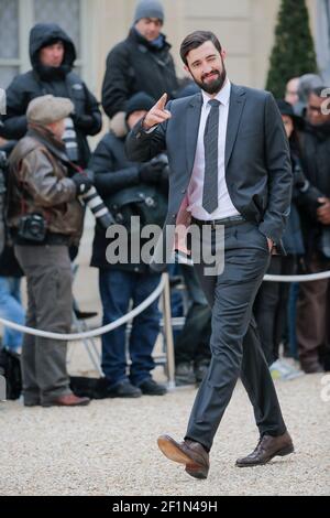 Cyril Dumoulin, Torwart, winkte den Medien beim Celebration Handball French Team World Champion Tittle 2015 im Palais de l'Elysee in Paris, am 3. Februar 2015. Foto Stephane Allaman / DPPI Stockfoto