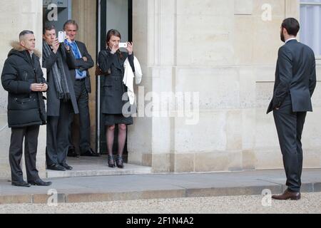 Cyril Dumoulin, Torwart, aufgenommen im Bild beim Celebration Handball French Team World Champion Tittle 2015 im Palais de l'Elysee in Paris, am 3. Februar 2015. Foto Stephane Allaman / DPPI Stockfoto