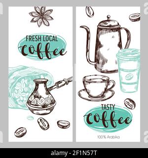 Zwei vertikale Kaffee Verpackung Bannerset mit frischen lokalen Kaffee Und leckere Kaffee Beschreibungen Vektor-Illustration Stock Vektor