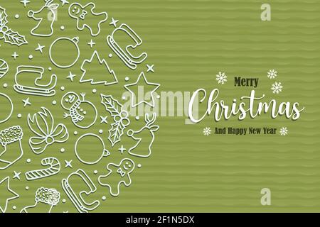 Frohe Weihnachten Happy New Year Grußkarte Illustration der Weihnachtszeit Umriss Symbole. Traditionelle Weihnachten Symbole gehören Rentier, Kugel, Schneemann Stock Vektor