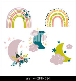 Vector Regenbogen und Monde Set. Von Hand gezeichnet Stock Vektor