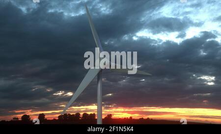 Große Windturbine rotierende Rotorblätter im Feld vor dem Hintergrund des orangen Sonnenuntergangs am Horizont. 3D Abbildung Stockfoto