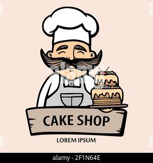 Logo der Bäckerei. Handgezeichnete Vektor-Illustration von Koch-Herd mit einem Schnurrbart und Kuchen. Chef-Kuchen-Logo. Logo für Süßwaren. Hipster-Logo Stock Vektor