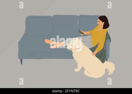 Hübsche Frau mit Smartphone sitzt auf dem grauen Sofa mit einem weißen Hund zu Hause. Lifestyle und Wohnlichkeit Konzept. Vektorgrafik Stock Vektor